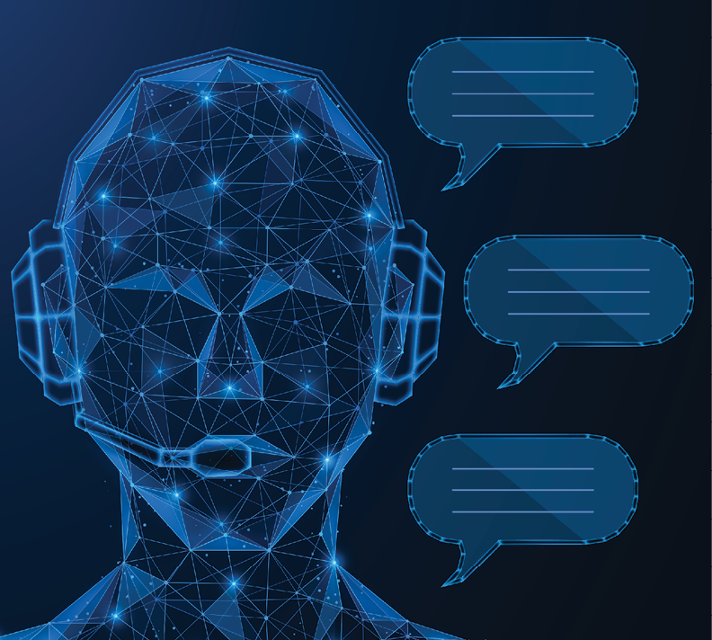 Low-poly illustration of a person wearing a headset with three speech bubbles next to its face