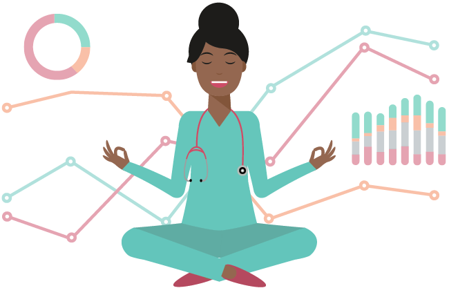 Illustration of veterinary professional meditating with graphs in the background
