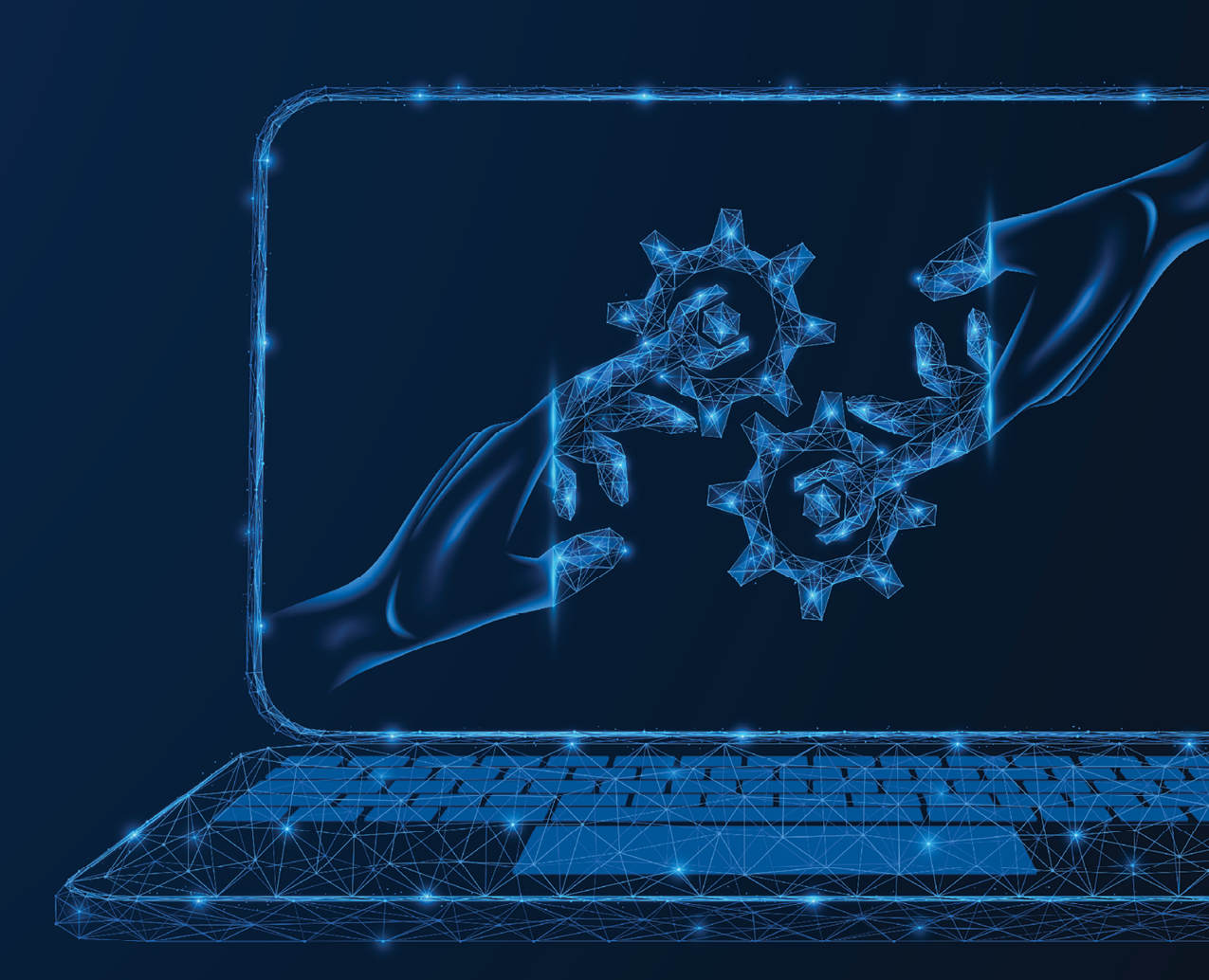 Low-poly illustration of a laptop with two hands turning into gears and coming together on the computer screen